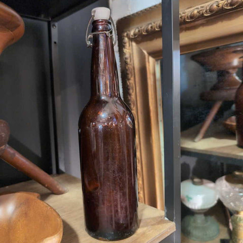 Vintage Brown Glass Bottle w/white ceramic top 13.inches