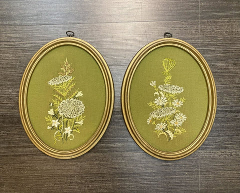 Pair of Oval Floral Crewel on Green Fabric