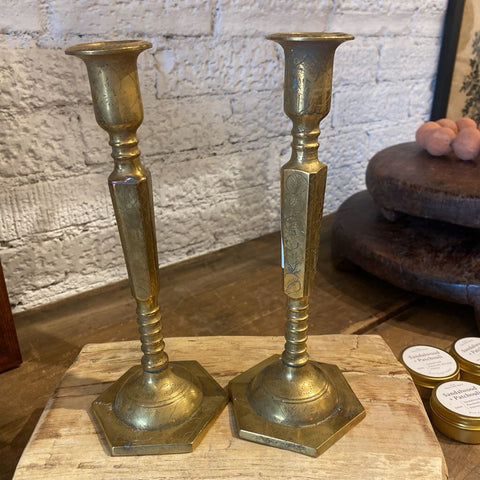 Vintage Etched Brass Candlesticks (Pair)