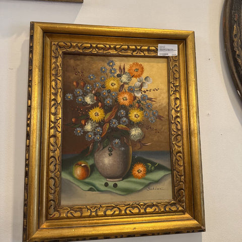 Floral Stilllife orange & blue flowers in vase signed and framed