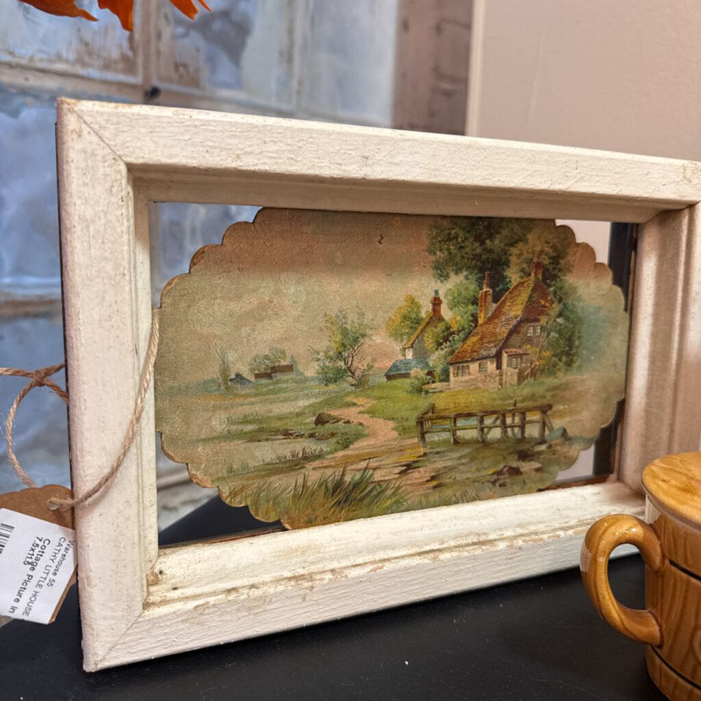 Cottage Picture in primitive frame. 7.5x11.5