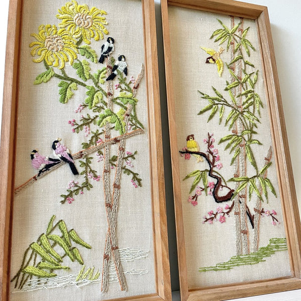 Moxie - Pair of Crewel - Bamboo Bird Flower - 9x21"