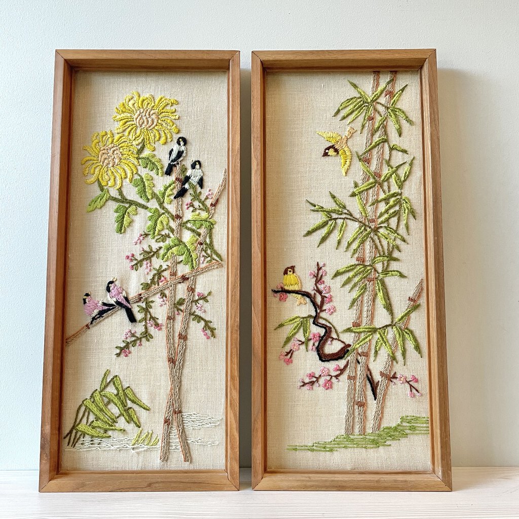 Moxie - Pair of Crewel - Bamboo Bird Flower - 9x21"