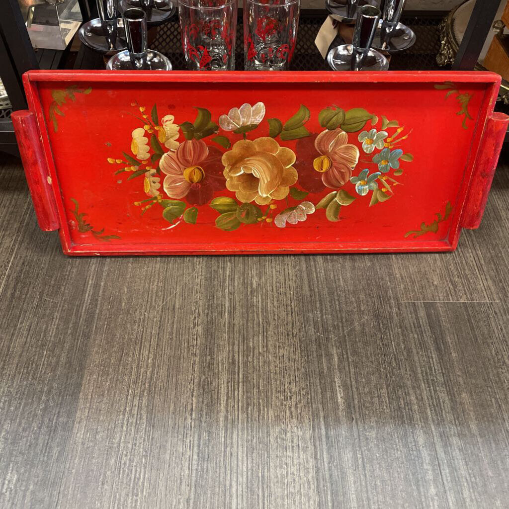 Moxie - Red Wood Floral Tole Tray