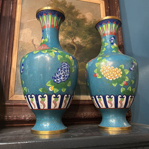 Set of 2 Large Vintage Teal Cloisonne Enamel Vases (as found)