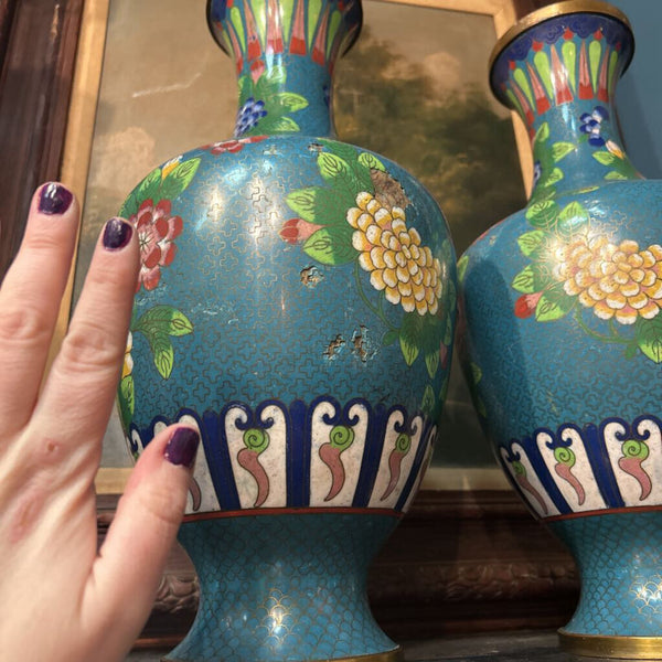 Set of 2 Large Vintage Teal Cloisonne Enamel Vases (as found)