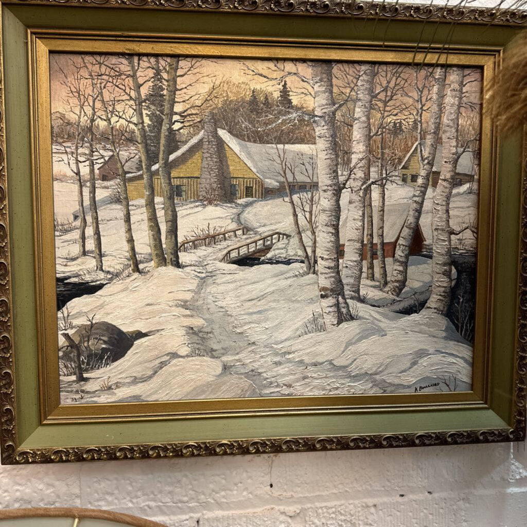 Framed Oil on Canvas Winter Cabin Scene 24x20