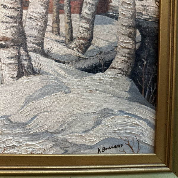 Framed Oil on Canvas Winter Cabin Scene 24x20