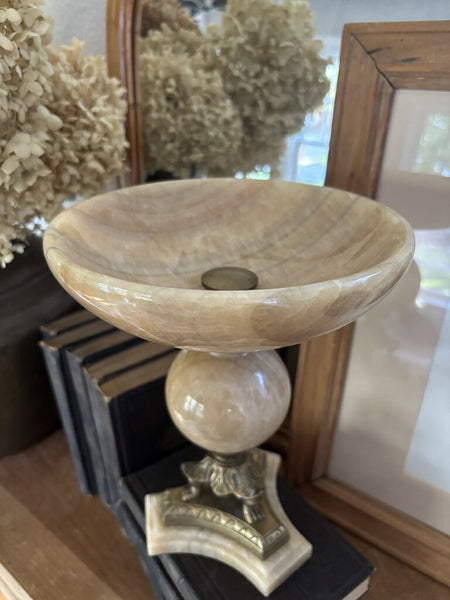 Vintage Alabaster & Brass Pedestal Bowl w/Footed Base