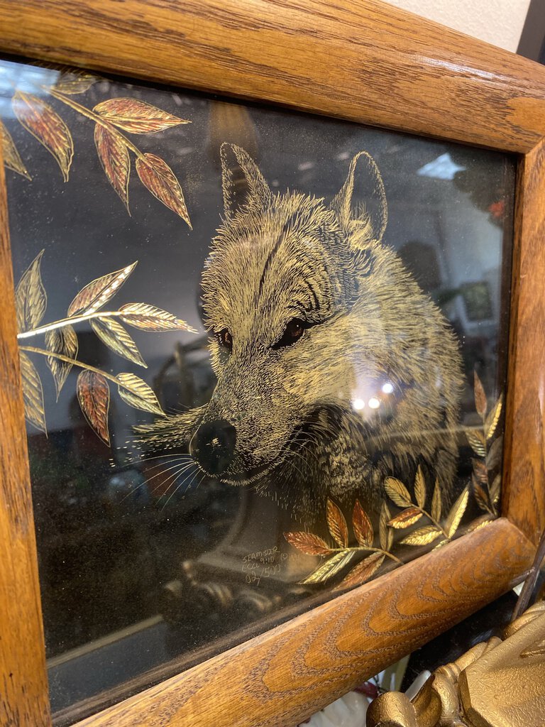 Vintage signed 1995 etched metallic wolf frame