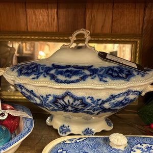 Antique Blue Flow Vegetable Tureen (as found)