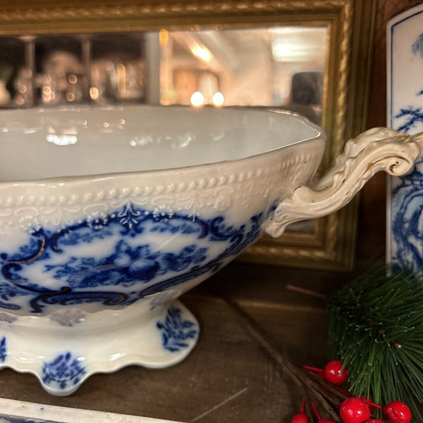 Antique Blue Flow Vegetable Tureen (as found)