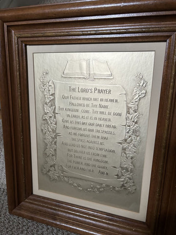 Vintage Framed Lords Prayer Embossed Gold Foil in Wood Frame 18.75 x 16.75