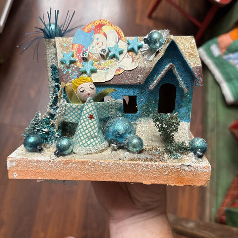 Large embellished Putz house blue
