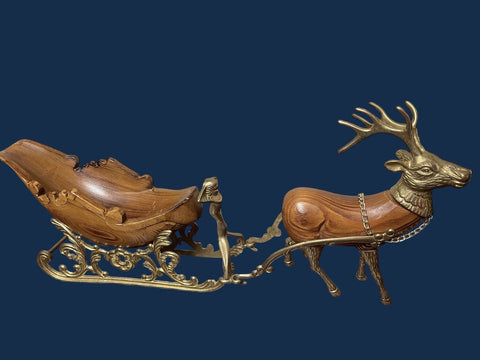 Vintage Wood/Brass Reindeer and Sleigh 22”w x 10”h x 4.5”d