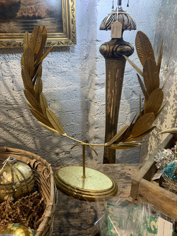 Gold Metal Laurel Leaf Wreath Stand~ 4.5" d x 14" l x 16.5" t