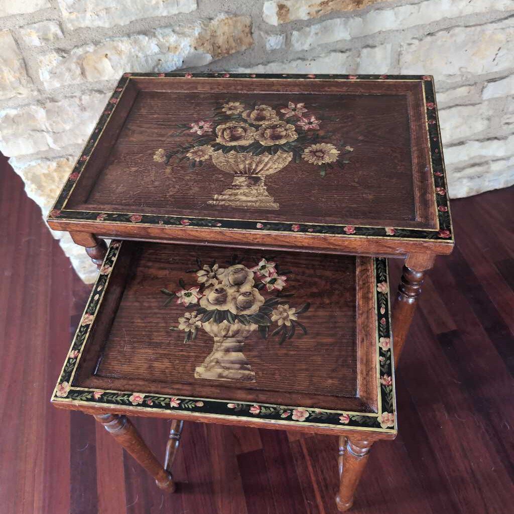 Pair of Older Nesting Tables from Walter Smythe. Hand Painted