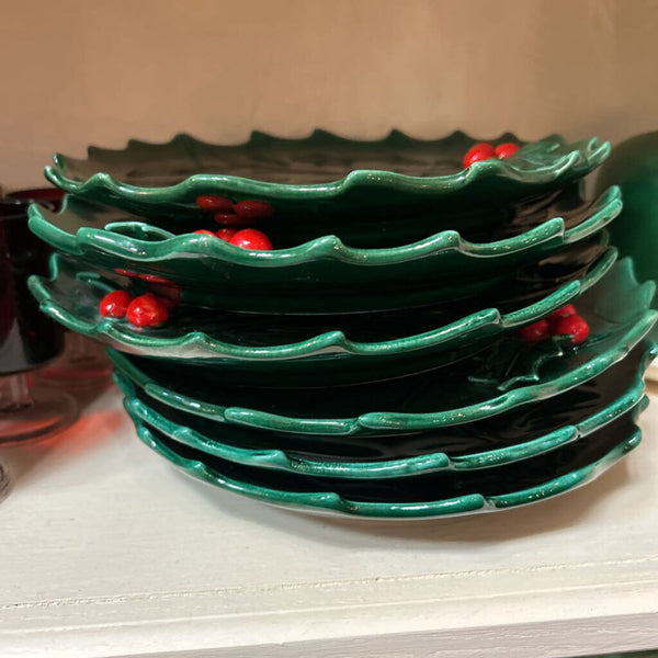 Set of 6 Vintage Lefton Green Holly Ceramic Christmas Plates (as found)