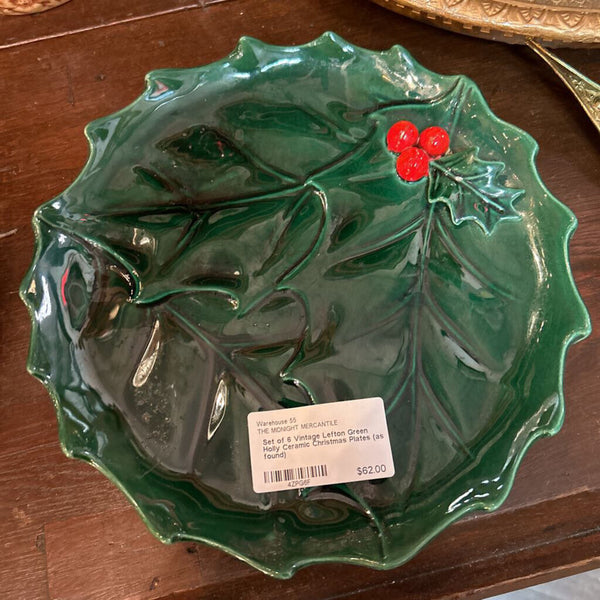 Set of 6 Vintage Lefton Green Holly Ceramic Christmas Plates (as found)