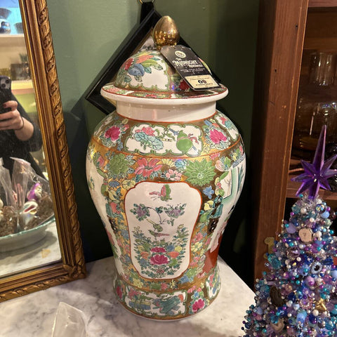 Large Vintage Pastel Famille Rose Chinoiserie Temple Jar Floor Vase Urn