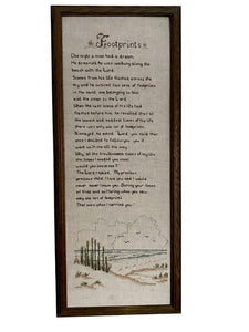 Vintage "Footprints in the Sand" Embroidered Artwork 10.5 x 25.5