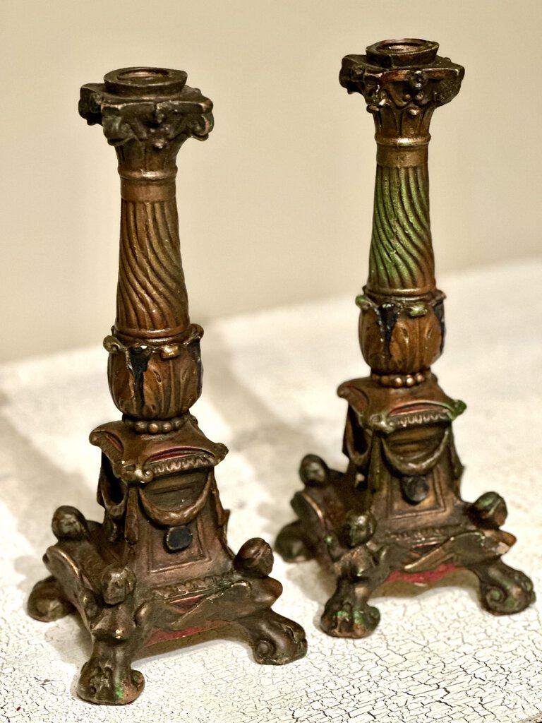 PAIR ANTIQUE CHALKWARE CANDLEHOLDERS - REPURPOSED LAMPS