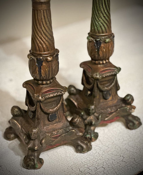 PAIR ANTIQUE CHALKWARE CANDLEHOLDERS - REPURPOSED LAMPS