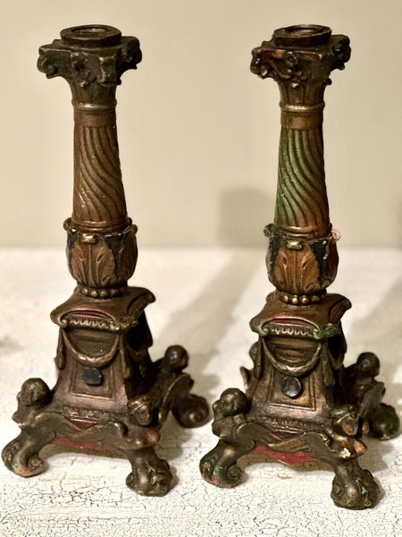 PAIR ANTIQUE CHALKWARE CANDLEHOLDERS - REPURPOSED LAMPS