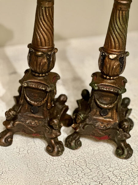 PAIR ANTIQUE CHALKWARE CANDLEHOLDERS - REPURPOSED LAMPS