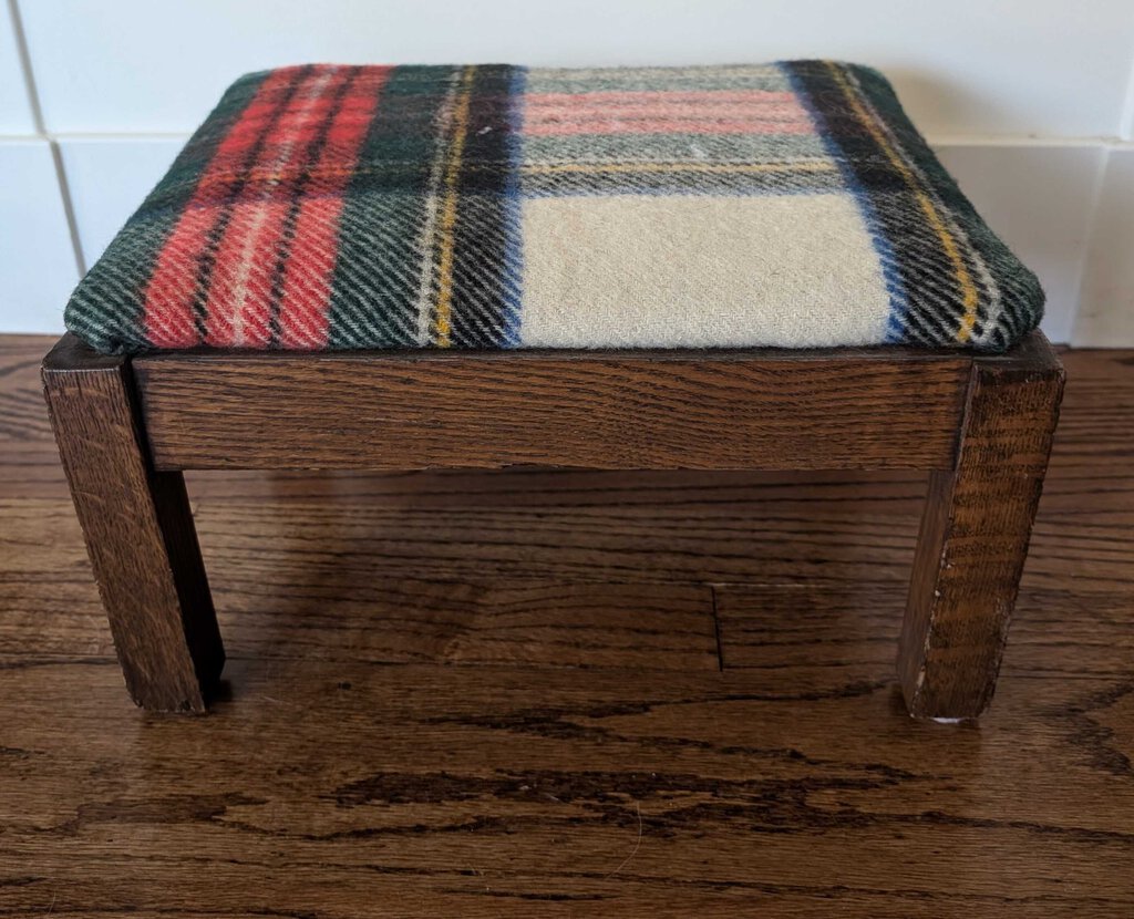 Vintage Foot Stool Recovered w/Vintage Wool Blanket 15x8x11