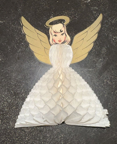 VINTAGE WHITE HONEYCOMB CHRISTMAS ANGEL 7"H x 5 3/4"W