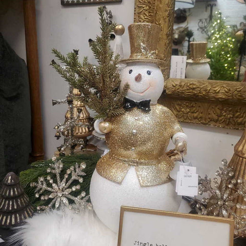 Glittered Gold Coat Snowman with Tree