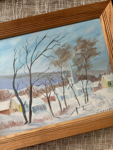 Vintage Framed Painting of a Snowy Village