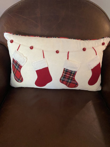 Cream Pillow w/ Stockings and Plaid Back