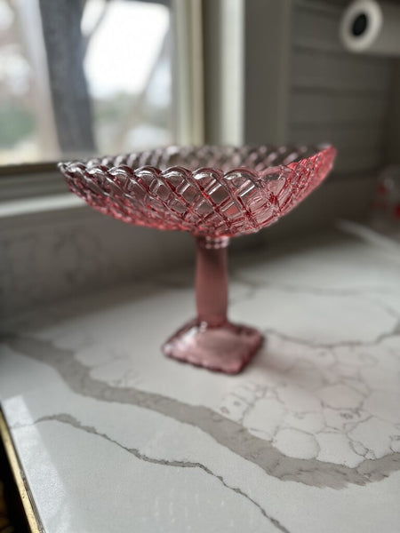 L.E. Smith Pressed Glass TRELLIS PINK Compote Fruit Bowl in store pick up only