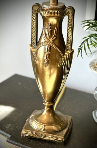 STUNNING VINTAGE BRASS TROPHY ART DECO LAMP WITH SHADE, 34"H, INSTORE PICKUP ONLY