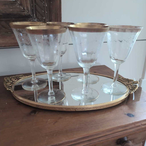 Set of 6 Vintage Tiffin Iridescent Etched Wine Glasses w/Gold Rims