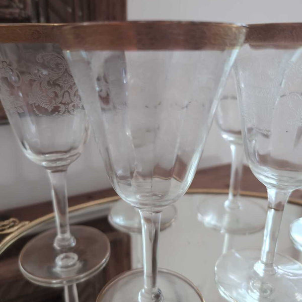 Set of 6 Vintage Tiffin Iridescent Etched Wine Glasses w/Gold Rims