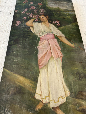 1800'S ANTIQUE PAINT OF LADY ON VINTAGE WOOD DOOR 28W 60L