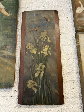 ANTIQUE IRIS PAINTING ON WOOD 18W 41L