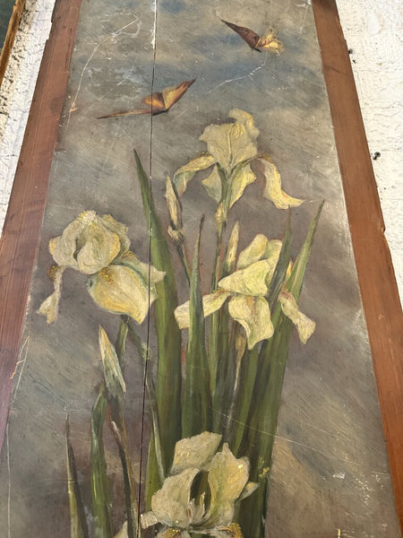 ANTIQUE IRIS PAINTING ON WOOD 18W 41L