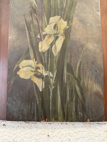 ANTIQUE IRIS PAINTING ON WOOD 18W 41L