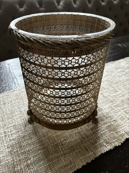 Vtg Gold Filigree Waste Basket 10.75H