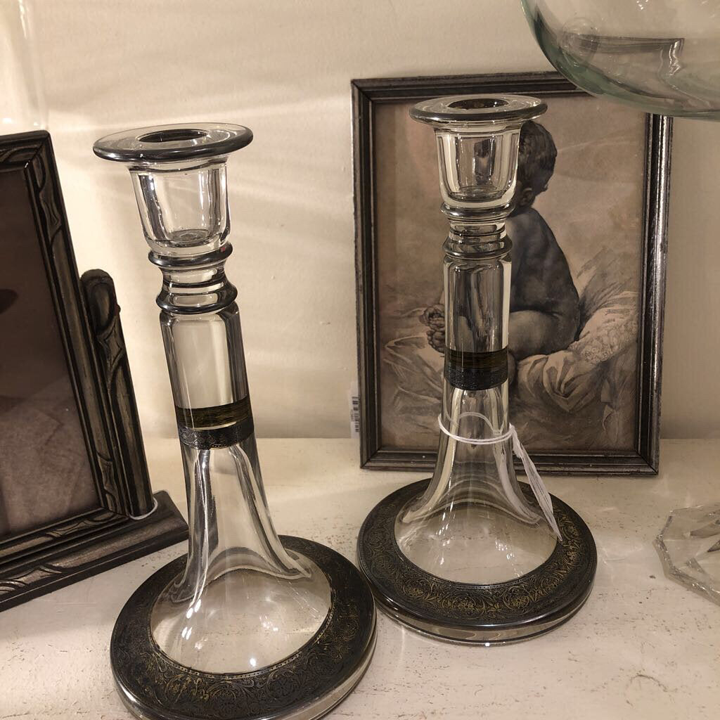 Candle Sticks Glass Silver Design pair