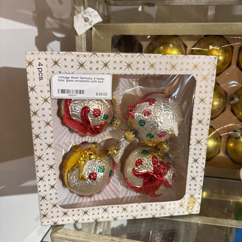 Vintage West Germany 4 teddy bear glass ornaments with box