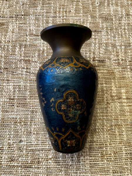 VTG Antiq Brass & Enamel Cloisonne Vase in Blue and Gold 7.5H