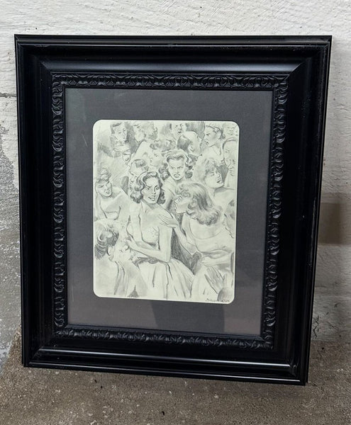 Black and white retro women signed pencil art