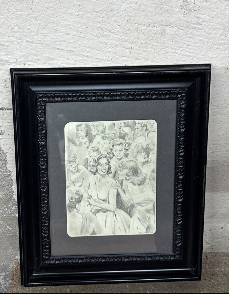 Black and white retro women signed pencil art