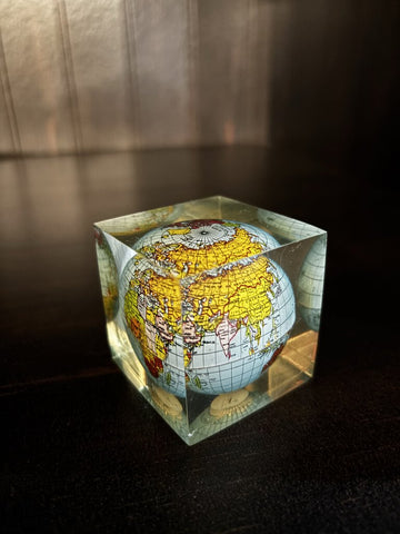 VTG Lucite World 2 Inch Cube Paperweight Hong Kong