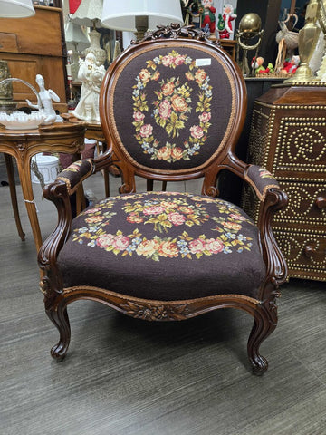 Brown needlepoint chair 25 x 39 in store pickup only